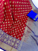 Red with Blue & Purple Banarasi saree in banarasi silk with double floral with 8" wide zari border — Kaash Collection