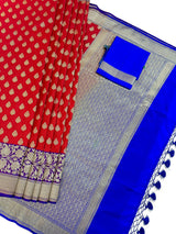 Red with Blue & Purple Banarasi saree in banarasi silk with double floral with 8" wide zari border — Kaash Collection