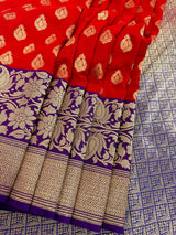 Red with Blue & Purple Banarasi saree in banarasi silk with double floral with 8" wide zari border — Kaash Collection