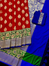 Red Banarasi Silk Saree | Bottle Green Blue Border, Meenkari Work, Soft Drape - Kaash