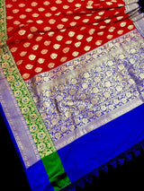 Red Banarasi Silk Saree | Bottle Green Blue Border, Meenkari Work, Soft Drape - Kaash