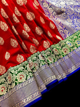 Red Banarasi Silk Saree | Bottle Green Blue Border, Meenkari Work, Soft Drape - Kaash