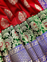 Red Banarasi Silk Saree | Bottle Green Blue Border, Meenkari Work, Soft Drape - Kaash
