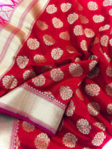 Red Banarasi Silk Saree with Floral buttas and Pink border and Pallu - Kaash