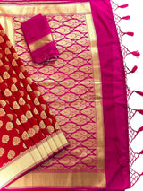 Red Banarasi Silk Saree with Floral buttas and Pink border and Pallu - Kaash