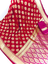 Red Banarasi Silk Saree with Floral buttas and Pink border and Pallu - Kaash