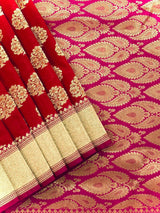 Red Banarasi Silk Saree with Floral buttas and Pink border and Pallu - Kaash
