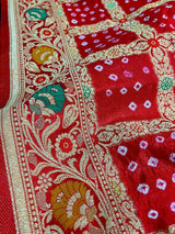 Red Banarasi Dupion Bandhani saree in banarasi semi dupion silk with bandhani tie-dye with meenakari & floral border — Kaash Collection