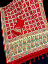 Red Color Banarasi Dupion Bandhani Silk Saree | Red Bandhej Saree | Authentic Bandhani Saree | Muted Zari Weave | Minakari Work - Kaash