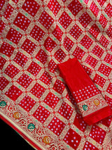Red Color Banarasi Dupion Bandhani Silk Saree | Red Bandhej Saree | Authentic Bandhani Saree | Muted Zari Weave | Minakari Work - Kaash