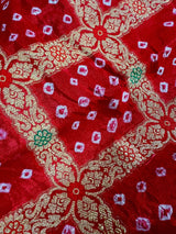 Red Color Banarasi Dupion Bandhani Silk Saree | Red Bandhej Saree | Authentic Bandhani Saree | Muted Zari Weave | Minakari Work - Kaash