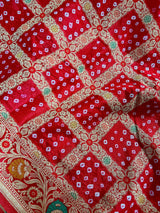 Red Color Banarasi Dupion Bandhani Silk Saree | Red Bandhej Saree | Authentic Bandhani Saree | Muted Zari Weave | Minakari Work - Kaash