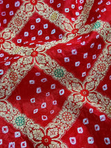 Red Color Banarasi Dupion Bandhani Silk Saree | Red Bandhej Saree | Authentic Bandhani Saree | Muted Zari Weave | Minakari Work - Kaash