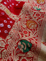 Red Color Banarasi Dupion Bandhani Silk Saree | Red Bandhej Saree | Authentic Bandhani Saree | Muted Zari Weave | Minakari Work - Kaash