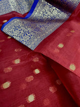 Red Kora with Blue Banarasi Borders saree in banarasi kora organza silk with blue banarasi borders on red kora — Kaash Collection