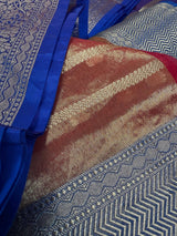 Red Kora with Blue Banarasi Borders saree in banarasi kora organza silk with blue banarasi borders on red kora — Kaash Collection