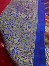 Red Kora with Blue Banarasi Borders saree in banarasi kora organza silk with blue banarasi borders on red kora — Kaash Collection
