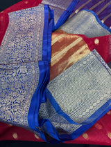Red Kora with Blue Banarasi Borders saree in banarasi kora organza silk with blue banarasi borders on red kora — Kaash Collection