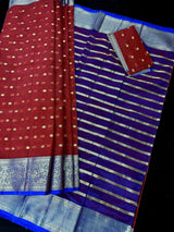 Red Kora with Blue Banarasi Borders saree in banarasi kora organza silk with blue banarasi borders on red kora — Kaash Collection