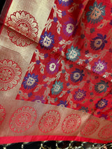 Red Semi Banarasi Floral Meenakari dupatta in semi banarasi soft silk with floral jaal with meenakari & gold zari — Kaash Collection
