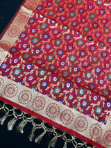Red Semi Banarasi Floral Meenakari dupatta in semi banarasi soft silk with floral jaal with meenakari & gold zari — Kaash Collection