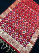 Red Color Banarasi Silk Dupatta - Floral Jaal with Meenakari - Gold Zari Weaving Dupatta - Dupatta Gift For Her - Dupatta for Lehenga - Kaash