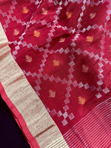 Red Bengal Linen Patola saree in bengal linen with patola design with silver zari & meenakari — Kaash Collection