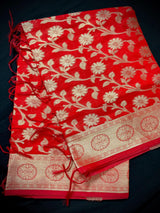 Red Color Cotton Silk floral Banarasi Dupatta with Gold Zari Weaving | Handmade Dupattas | Banarasi Soft Silk Dupattas | Dupatta for Lehenga - Kaash