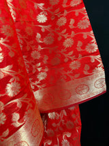 Red Color Cotton Silk floral Banarasi Dupatta with Gold Zari Weaving | Handmade Dupattas | Banarasi Soft Silk Dupattas | Dupatta for Lehenga - Kaash