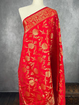 Red Floral Banarasi Soft Silk dupatta in soft silk (non-pure) with floral jaal with gold zari — Kaash Collection