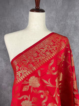 Red Color Floral Banarasi Soft Silk Dupatta with Gold Zari Weaving | Handmade Dupattas | Banarasi Soft Silk Dupattas | Dupatta for Lehenga - Kaash