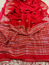 Red Color Linen Bengal Handloom Saree with Muted Gold Zari Weave | Linen Sarees - Kaash
