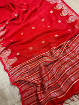 Red Color Linen Bengal Handloom Saree with Muted Gold Zari Weave | Linen Sarees - Kaash
