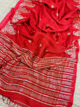 Red Color Linen Bengal Handloom Saree with Muted Gold Zari Weave | Linen Sarees - Kaash
