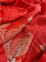 Red Color Linen Bengal Handloom Saree with Muted Gold Zari Weave | Linen Sarees - Kaash