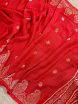 Red Color Linen Bengal Handloom Saree with Muted Gold Zari Weave | Linen Sarees - Kaash