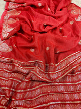 Red Color Linen Bengal Handloom Saree with Muted Gold Zari Weave | Linen Sarees - Kaash
