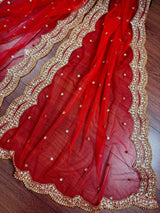 Red Color Net Dupatta with Zari, Sequin and Beads - Kaash