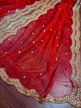 Red Color Net Dupatta with Zari, Sequin and Beads - Kaash