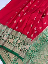 Red Color Pure Katan Silk Saree with Green Color Border and Pallu - Kaash