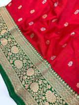 Red Color Pure Katan Silk Saree with Green Color Border and Pallu - Kaash