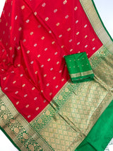 Red Color Pure Katan Silk Saree with Green Color Border and Pallu - Kaash