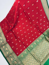 Red Color Pure Katan Silk Saree with Green Color Border and Pallu - Kaash