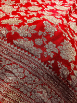 Red pure khaddi georgette banarasi silk saree with antique zari weave — Kaash Collection
