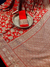 Red pure khaddi georgette banarasi silk saree with antique zari weave — Kaash Collection