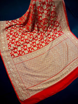 Red Color Pure Khaddi Georgette Banarasi Silk Saree - Antique Zari Weave - SILK MARK CERTIFIED - Kaash