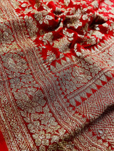 Red Color Pure Khaddi Georgette Banarasi Silk Saree - Antique Zari Weave - SILK MARK CERTIFIED - Kaash