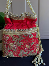 Red Color Raw Silk Floral Light Weight Potli Bag - Kaash