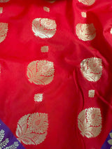 Red & Blue Banarasi saree in banarasi soft silk with small & big buttis with purple border — Kaash Collection