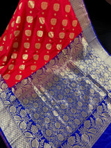 Red & Blue Banarasi saree in banarasi soft silk with small & big buttis with purple border — Kaash Collection